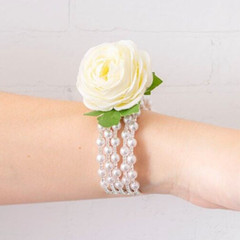 CORSAGE BRACELET Cuff Silver Pearl Diamante flowers wedding formal anniversary